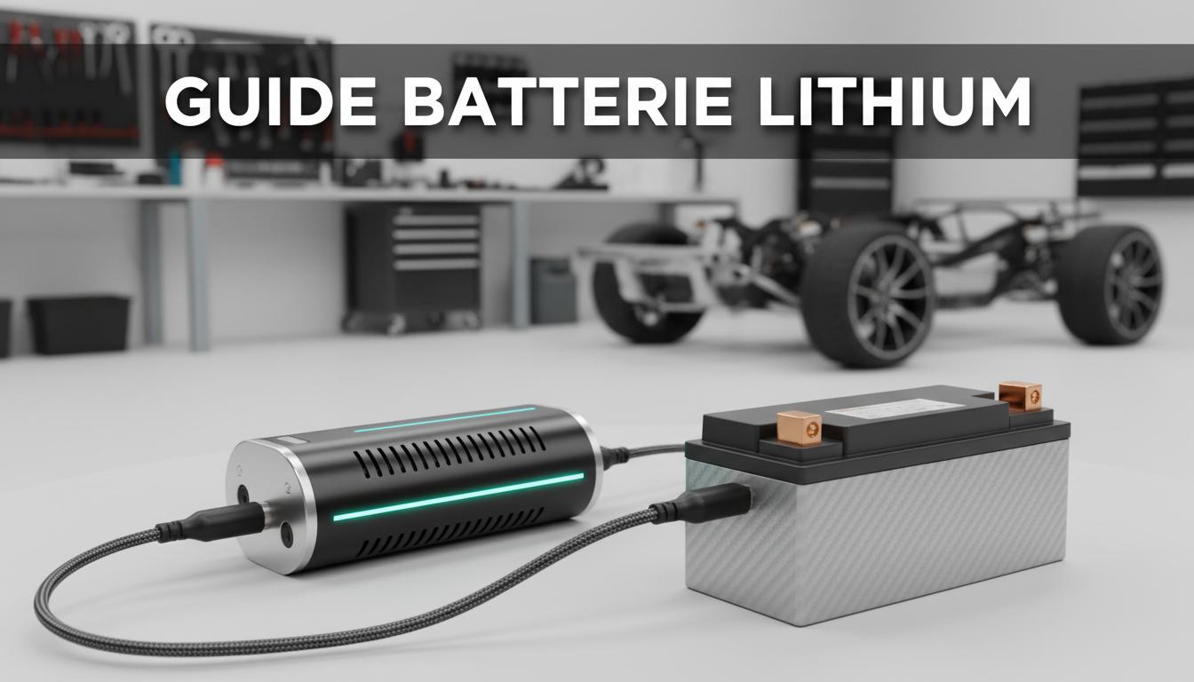Chargeur intelligent connecté à une batterie lithium dans un atelier avec voyants LED bleus et verts et texte GUIDE BATTERIE LITHIUM superposé.