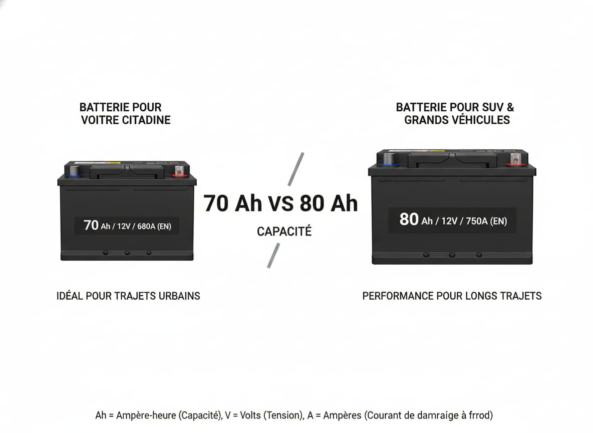 Diagramme comparatif de deux batteries de voiture côte à côte, l'une étiquetée pour citadines et l'autre pour SUV, avec superposition du texte '70 Ah VS 80 Ah' sur fond neutre.