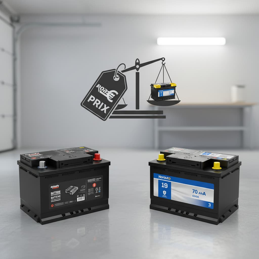 Deux batteries de voiture, une Roady à gauche et une Norauto à droite, avec un symbole de prix entre elles, dans un garage intérieur clair et minimaliste.