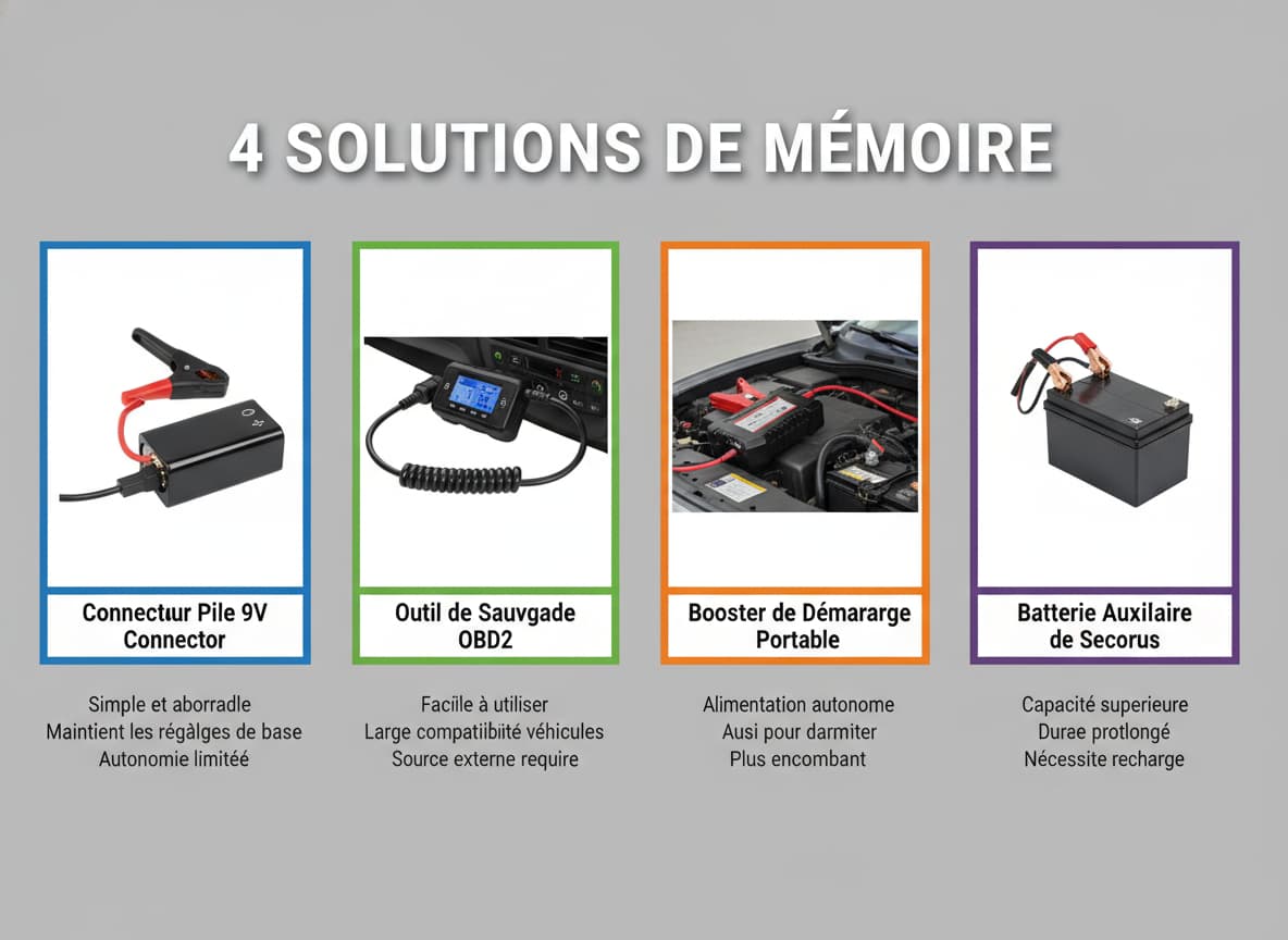 Infographie comparative présentant quatre outils pour la sauvegarde de mémoire de batterie de voiture : un connecteur de batterie 9V, un outil de sauvegarde OBD2, un booster portable et une batterie auxiliaire de rechange, avec des étiquettes en français et le titre '4 SOLUTIONS DE MÉMOIRE'.