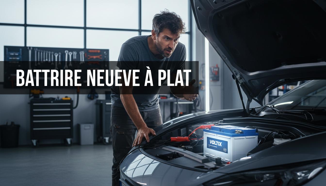 Un conducteur frustré examine une batterie de voiture neuve sous un capot ouvert dans un garage moderne avec l'inscription textuelle Batterie neuve à plat.