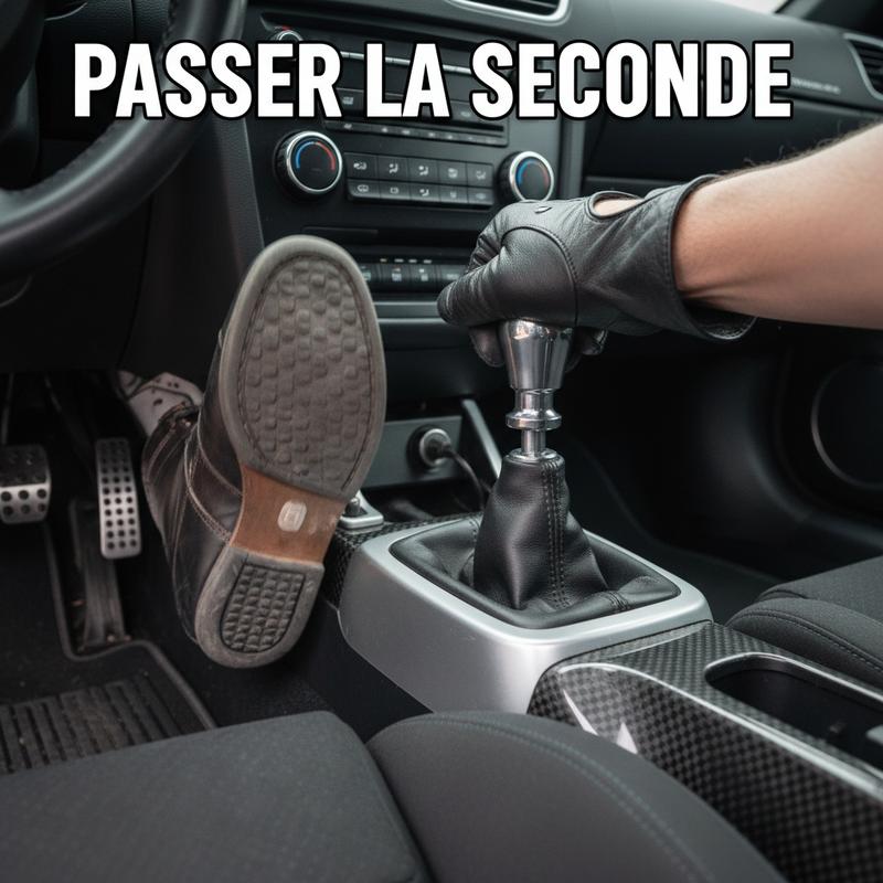 Pied relâchant la pédale d'embrayage et main passant la seconde vitesse sur un levier manuel avec le texte en surimpression PASSER LA SECONDE.