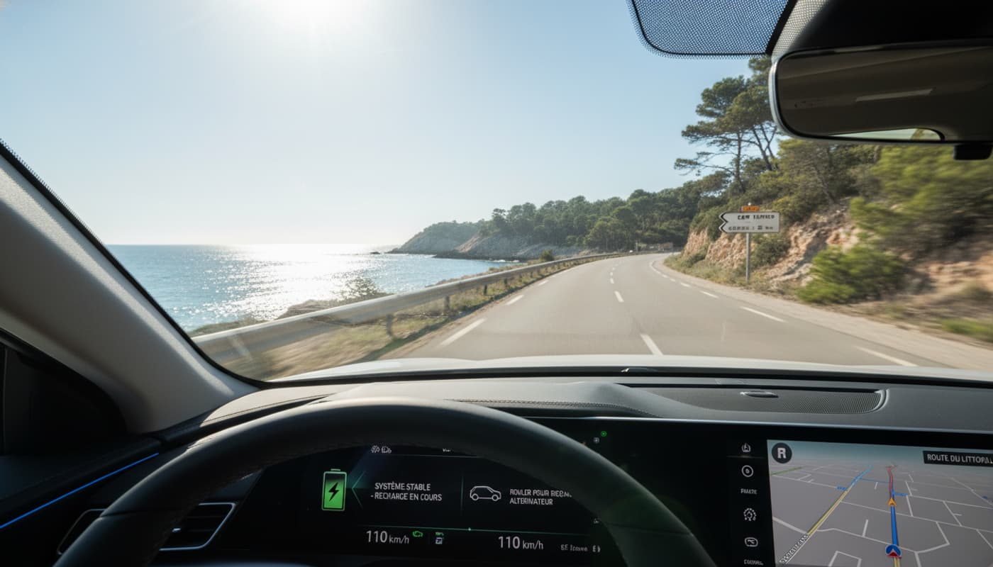 Conduite d'une voiture moderne sur une route côtière après un dépannage de batterie réussi