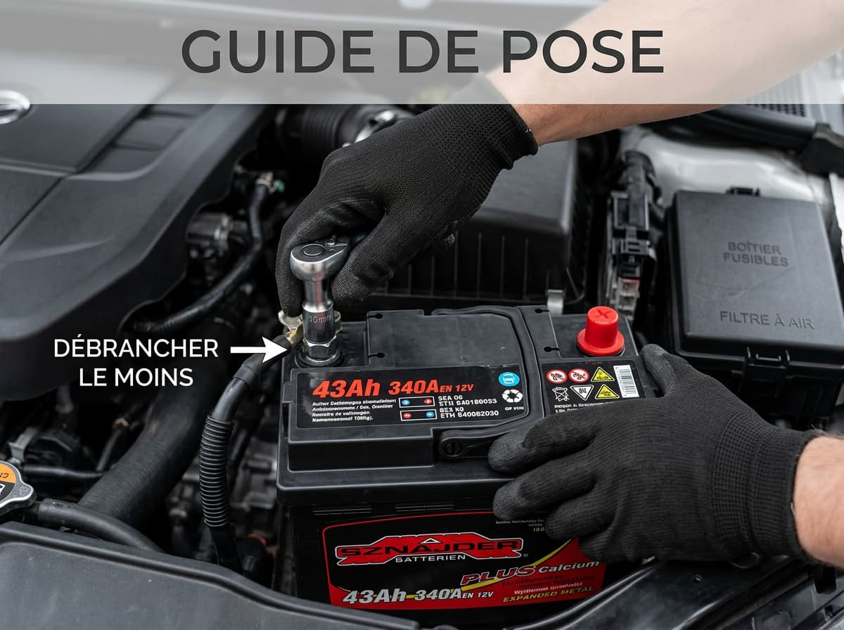 Un mécanicien en gants noirs utilise une clé à douille pour débrancher le câble négatif de la batterie, avec des annotations en français pointant vers la borne et du texte superposé 'GUIDE DE POSE'.