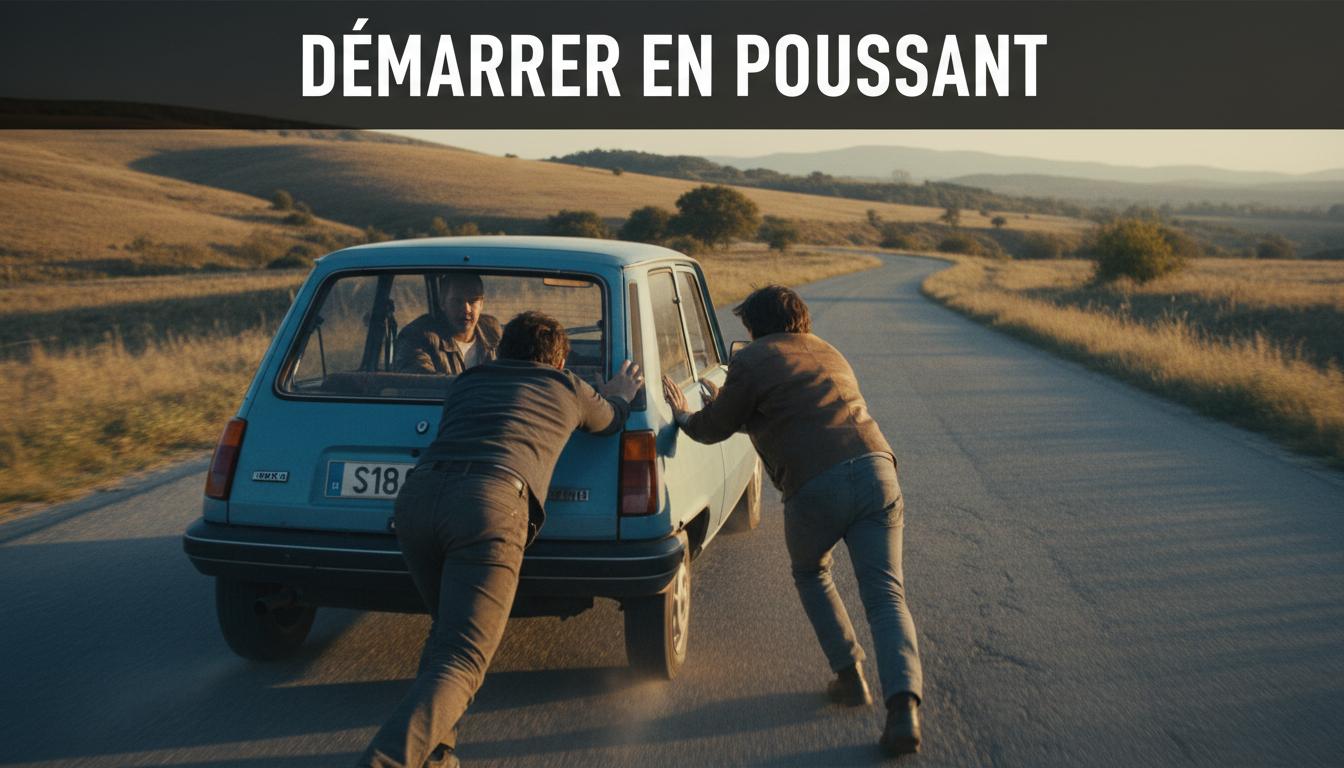 Deux personnes poussent avec énergie une voiture ancienne sur une route de campagne au coucher du soleil, avec le texte DÉMARRER EN POUSSANT en superposition.