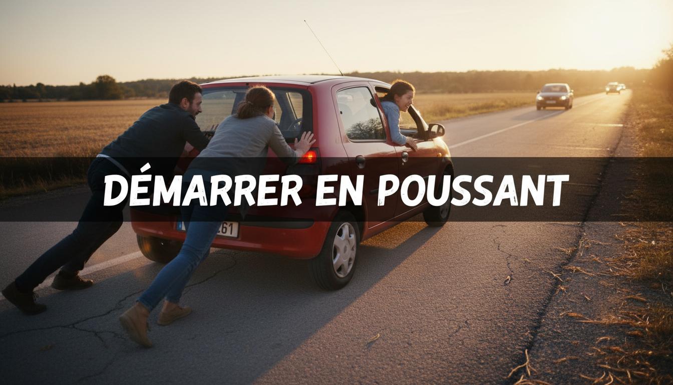 Deux personnes poussent une voiture compacte sur une route en pente avec un conducteur au volant et le texte Démarrer en poussant en surimpression.
