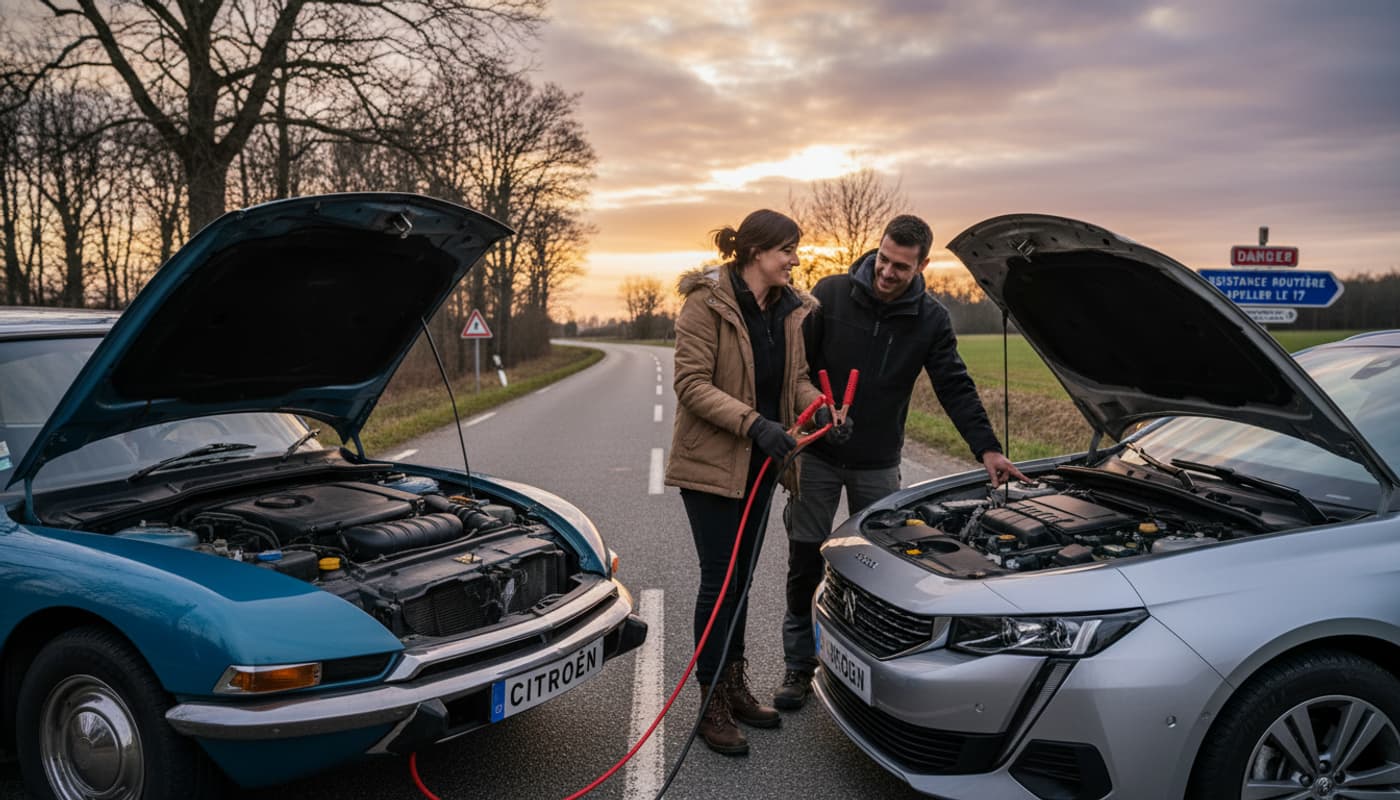 Deux voitures garées capot ouvert pour un dépannage de batterie avec câbles de démarrage