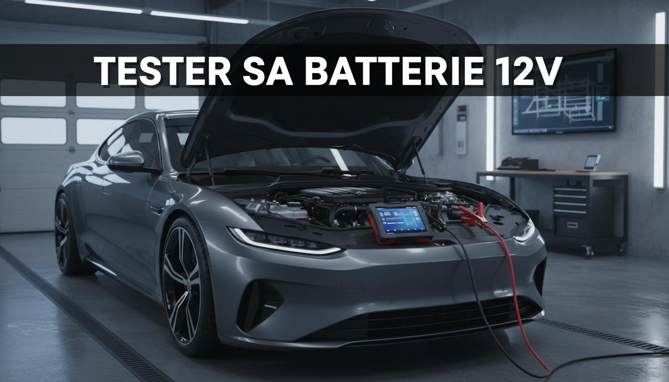 Un outil de diagnostic professionnel est branché sur une batterie de voiture au capot ouvert avec l'inscription Tester sa batterie 12V en surbrillance.