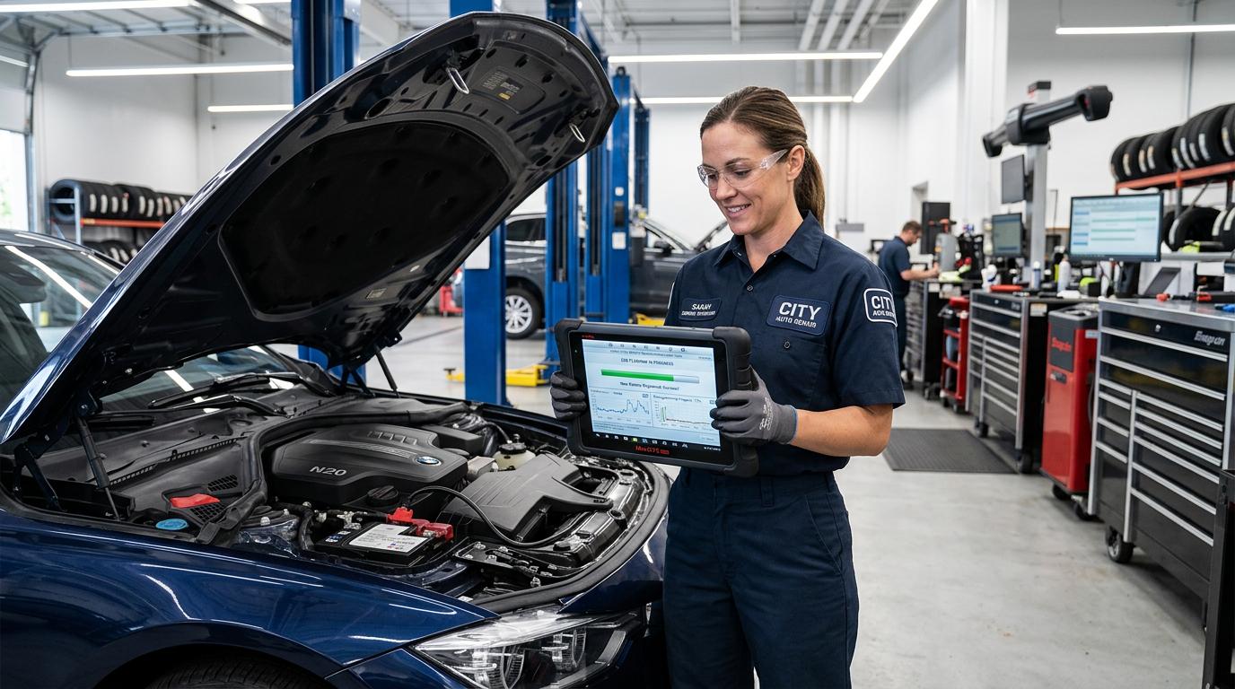 Technicien en atelier utilisant une tablette OBD devant le capot ouvert d'une voiture pour valider une batterie Start-Stop.