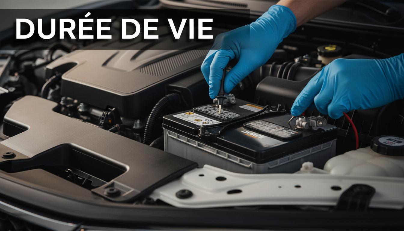 Mains gantées de bleu inspectant les bornes d'une batterie de voiture neuve dans un compartiment moteur avec le texte Durée de vie en surimpression.