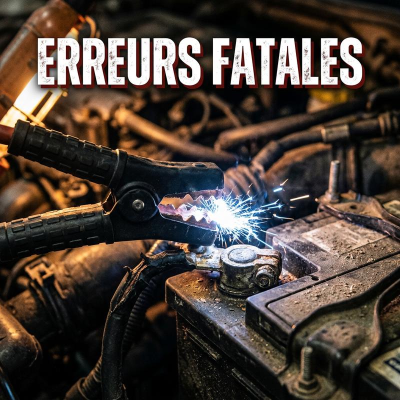 De vives étincelles jaillissent d'une borne de batterie de voiture à l'approche d'une pince de démarrage noire avec le texte superposé ERREURS FATALES.
