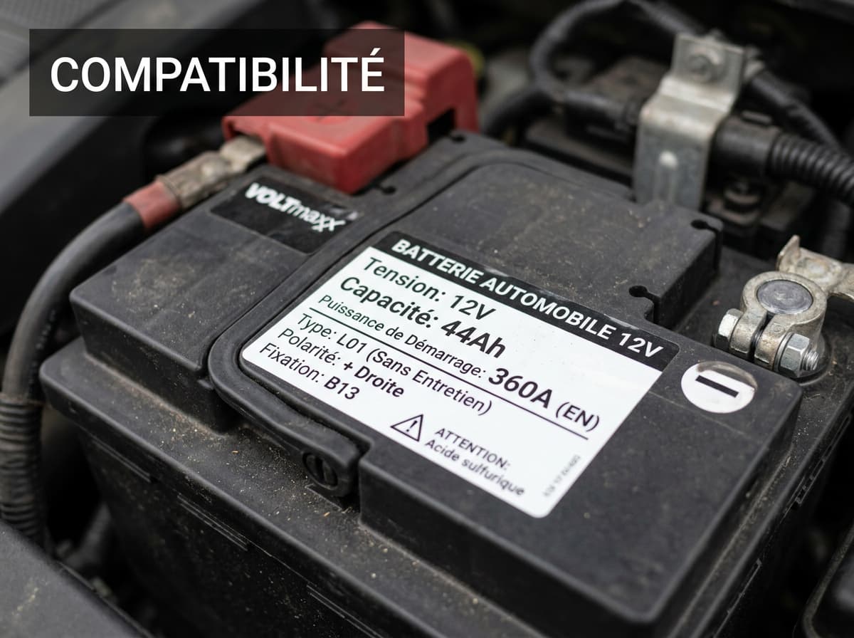 Un plan macro d'une étiquette technique de batterie de voiture affichant spécifications 12V, 44Ah, 360A en français, avec les bornes visibles en arrière-plan flou et un texte superposé 'COMPATIBILITÉ' sur fond sombre semi-transparent.