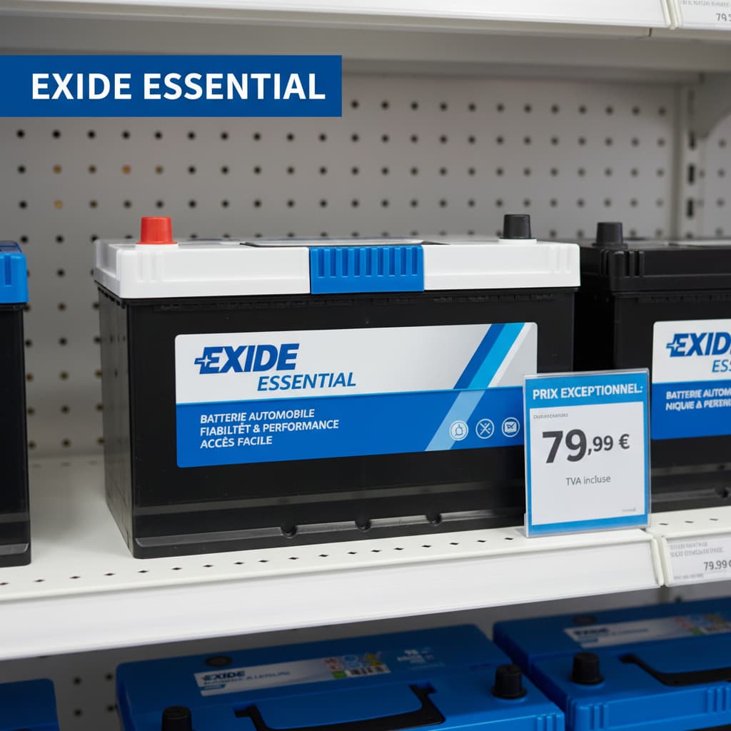 Batterie de voiture Exide Essential sur une étagère de vente au détail, avec l'inscription EXIDE ESSENTIAL visible.