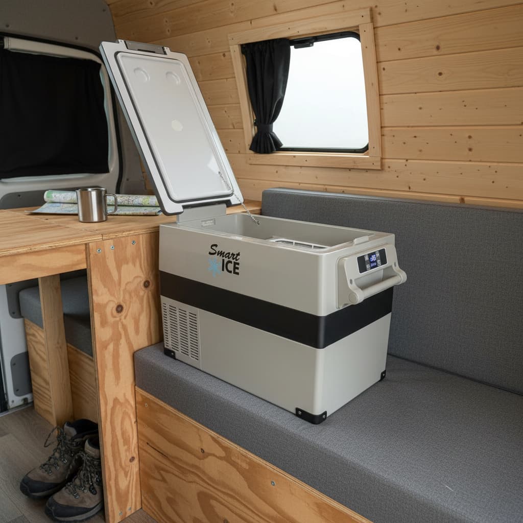 Réfrigérateur à compresseur Mobitron MT-55 au design fonctionnel installé dans l'intérieur en bois d'un van aménagé sous une lumière douce et naturelle.