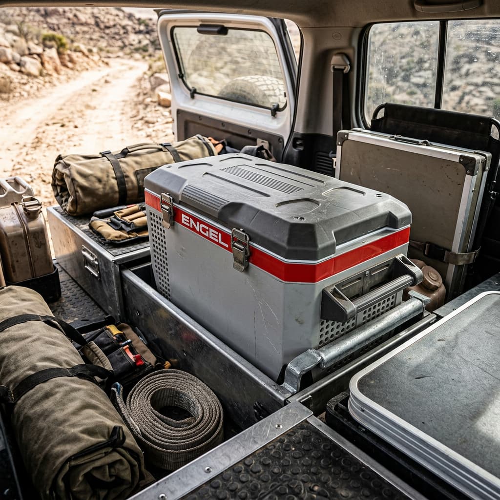Réfrigérateur portable Engel MR040 gris aux loquets robustes installé dans le coffre d'un véhicule tout-terrain au milieu d'équipements de camping.