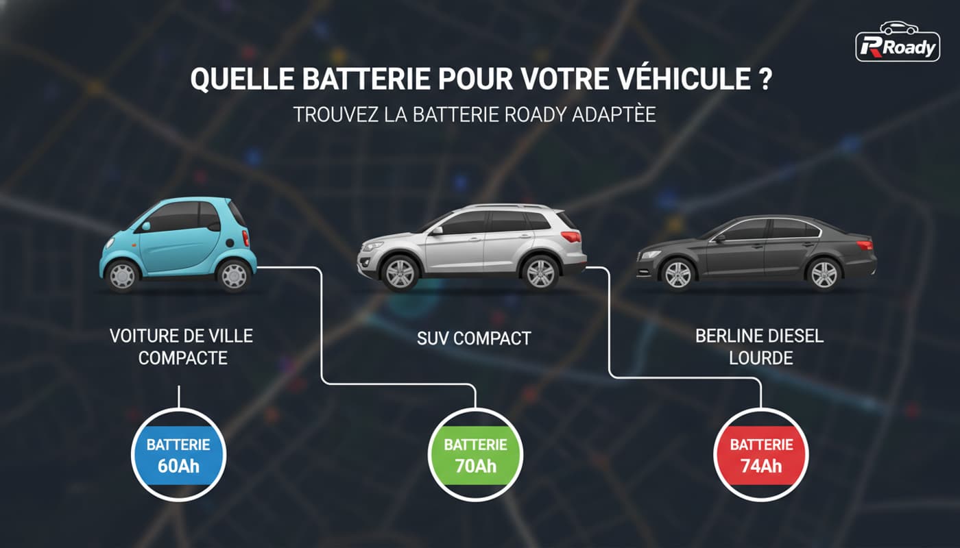 Trois batteries de voiture Roady de capacités différentes alignées sur un établi, illustrant le choix entre 60Ah, 70Ah et 74Ah 680A.