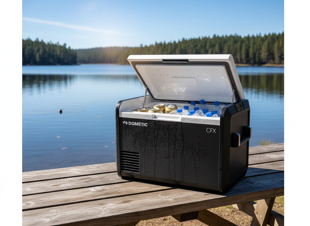 Glacière portable Dometic CFX 55 ouverte remplie de boissons fraîches sur une table de pique-nique en bois au bord d'un lac.