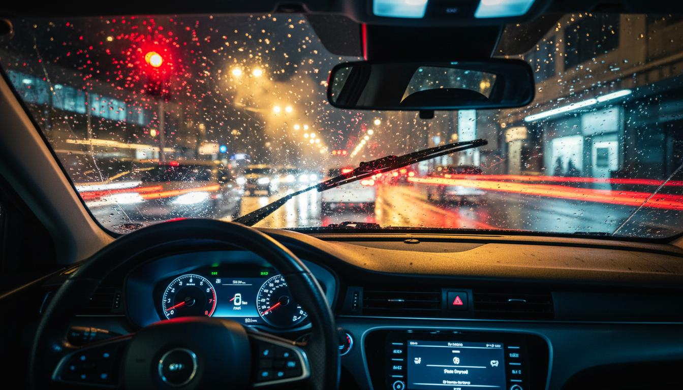 Vue depuis l'habitacle d'une voiture arrêtée à un feu rouge de nuit sous une pluie intense avec le tableau de bord numérique et les commandes éclairés.