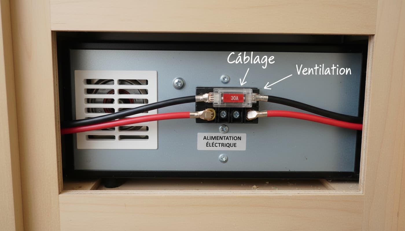 Arrière d’un réfrigérateur de camping-car montrant un câblage électrique de 6 mm avec porte-fusible et une grille de ventilation murale.