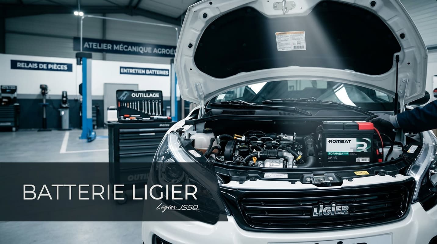 Capot ouvert d'une Ligier JS50 blanche dans un atelier moderne, montrant une nouvelle batterie, avec un éclairage cinématographique et le texte 'BATTERIE LIGIER' superposé.
