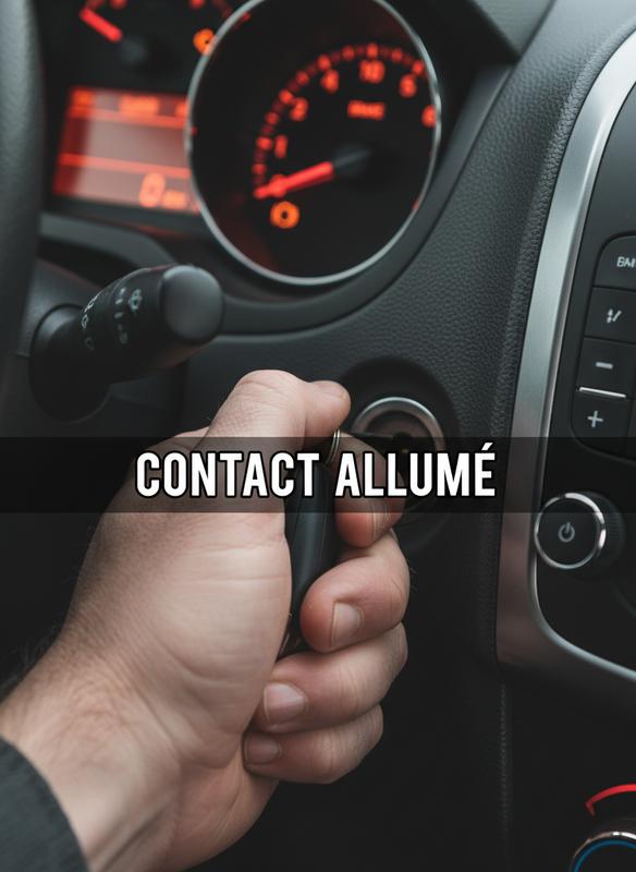 Main d'un conducteur tournant la clé de contact d'une voiture pour allumer les voyants du tableau de bord avec le texte Contact Allumé en surimpression.