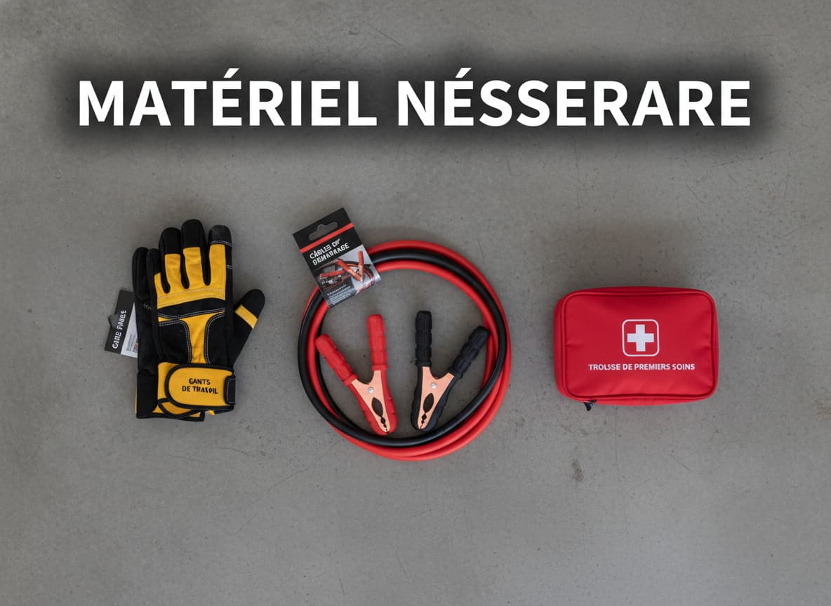 Kit de démarrage avec câbles, gants et trousse disposés sur un sol de garage