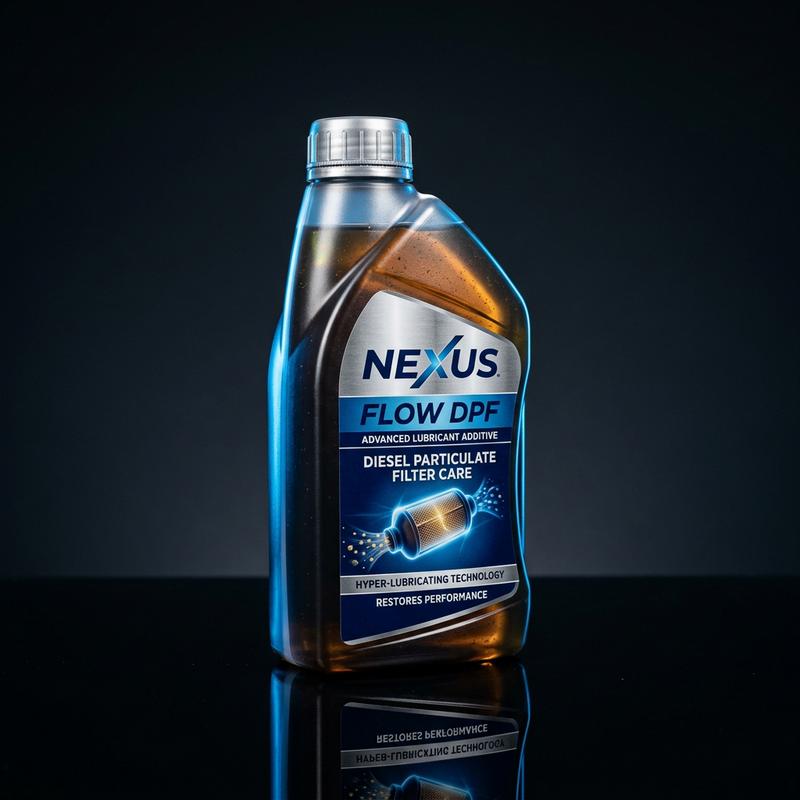Flacon d'additif Mecacyl FAP posé sur une surface sombre réfléchissante avec des éclairages dynamiques bleus et argentés en studio.