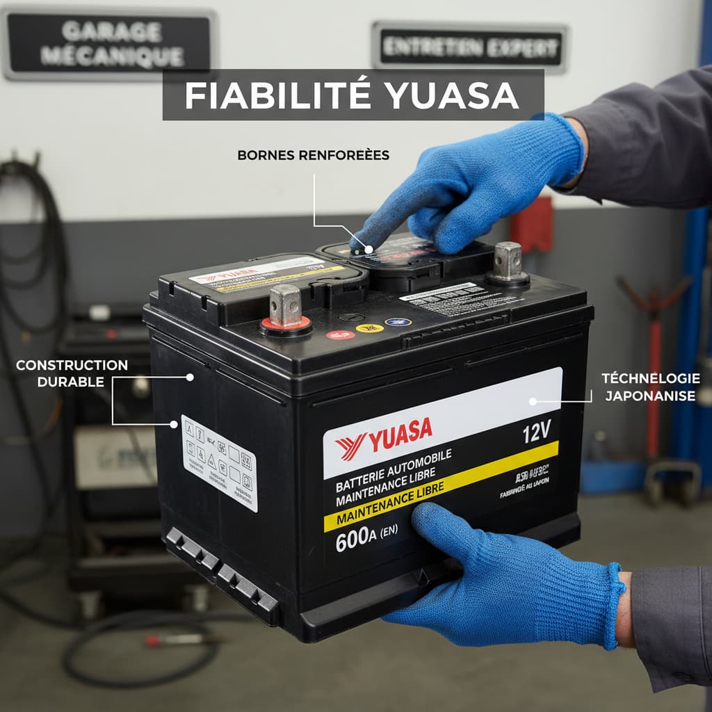 Un mécanicien tient une batterie de voiture Yuasa dans un garage, les bornes supérieures sont visibles.