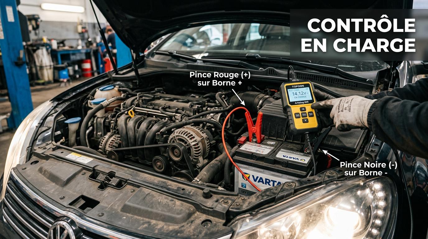 Testeur de batterie branché sur les bornes d'un moteur en marche avec phares allumés et texte en surimpression CONTRÔLE EN CHARGE.