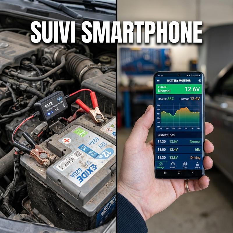 Moniteur Bluetooth sur batterie automobile et smartphone affichant des graphiques de santé avec le texte en surimpression à ombre portée SUIVI SMARTPHONE.