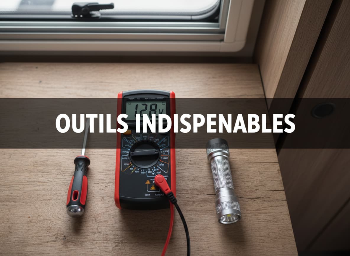 Vue de dessus d'un multimètre affichant 12,8V, d'un tournevis et d'une lampe LED sur un établi en bois avec l'inscription outils indispensables.