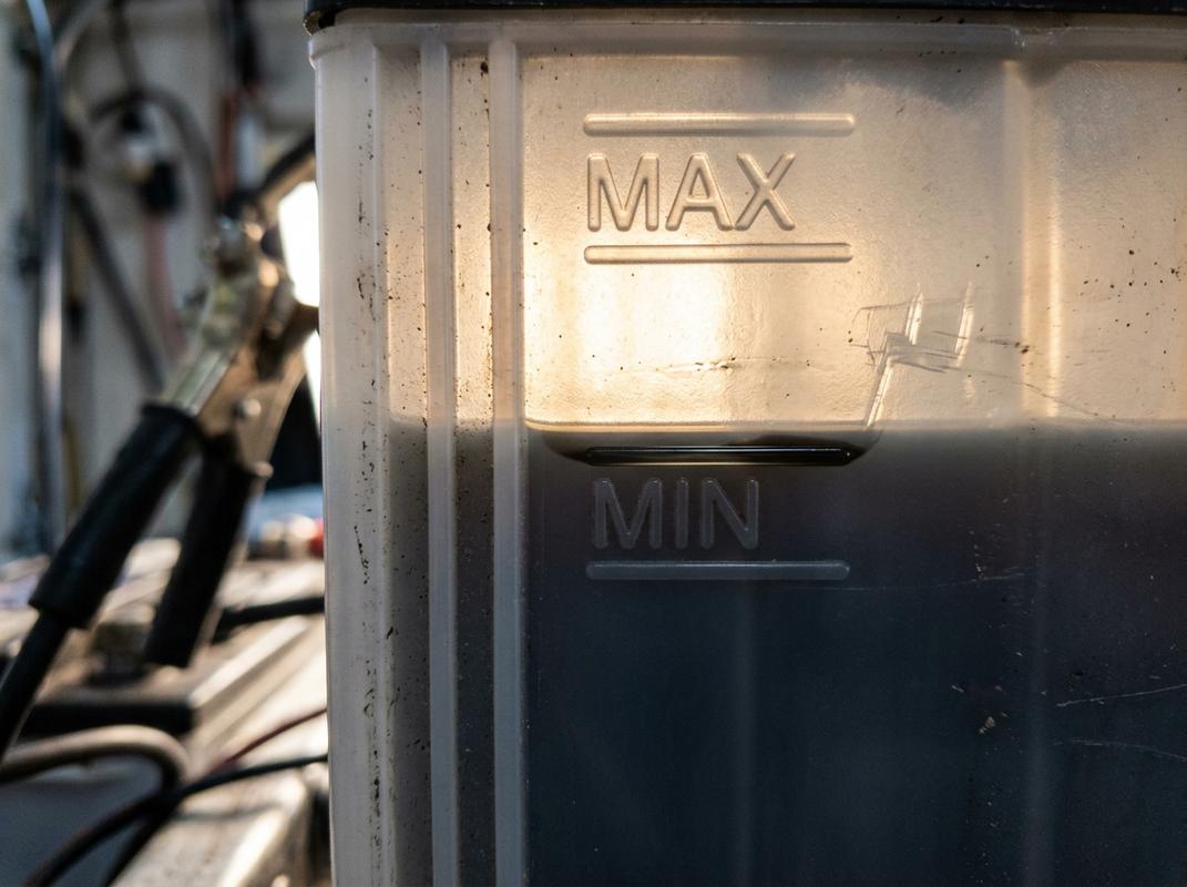 Gros plan d'une batterie de voiture transparente montrant le niveau d'électrolyte sombre juste au-dessus du repère MIN moulé dans le plastique.