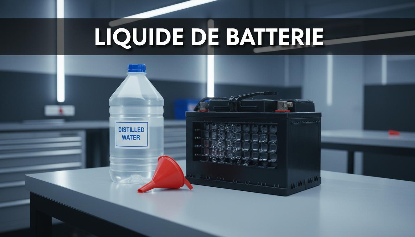 Une batterie de voiture ouverte repose sur un établi avec un bidon d'eau distillée et un entonnoir sous l'inscription Liquide de batterie.