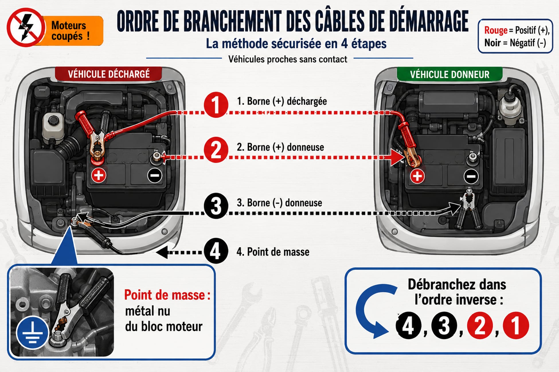 Infographie ordre branchement câbles démarrage batterie voiture