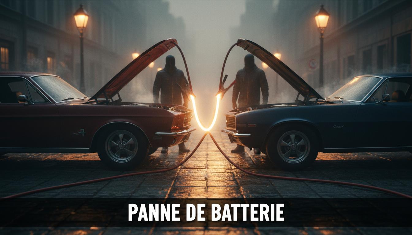 Deux voitures garées face à face dans une rue sombre reliées par des câbles de démarrage sous un éclairage urbain avec le texte Panne de batterie en bas.