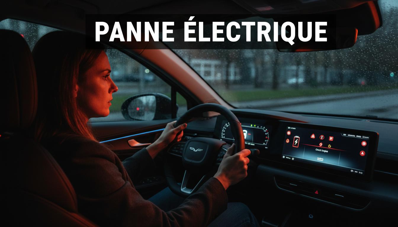 Conducteur inquiet observant les voyants d'alerte rouges d'un tableau de bord numérique moderne dans un habitacle sombre avec le texte Panne Électrique.