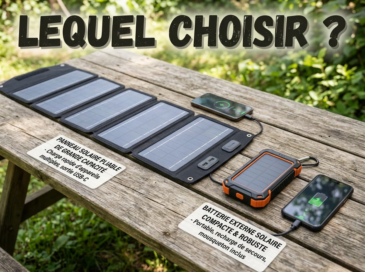 Sur une table en bois rustique, un panneau solaire pliable multi-sections et une batterie externe solaire compacte avec panneau intégré sont présentés côte à côte, avec le texte 'LEQUEL CHOISIR ?' en superposition.