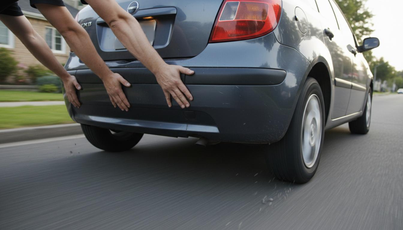 Deux paires de mains appuient avec force sur le coffre d'une voiture à hayon avançant dans une rue de banlieue avec un effet de flou cinétique sur les roues.