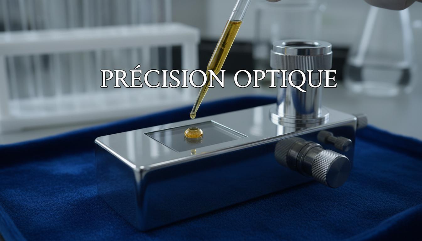 Un réfractomètre optique métallique posé sur un tissu en velours bleu reçoit une goutte de liquide de frein d'une pipette avec le texte PRÉCISION OPTIQUE.