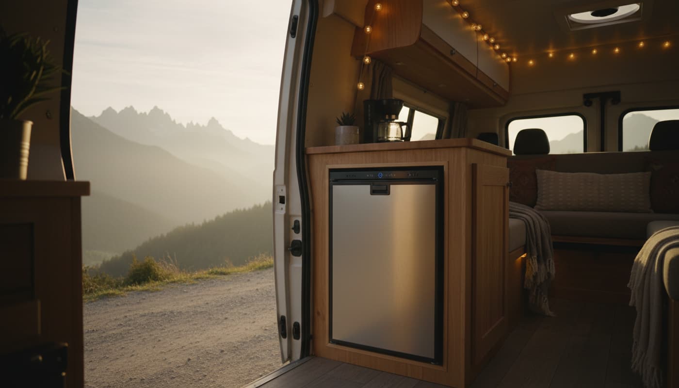 Réfrigérateur à compression encastré dans une kitchenette en bois de van, avec vue sur des montagnes brumeuses à l'aube par la porte coulissante ouverte.
