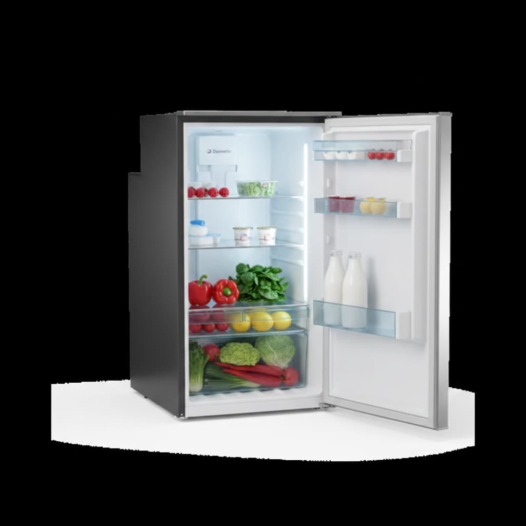 Réfrigérateur encastrable Dometic CoolMatic CRX 110 en inox argenté avec sa porte entrouverte révélant un intérieur lumineux à LED rempli de légumes frais.