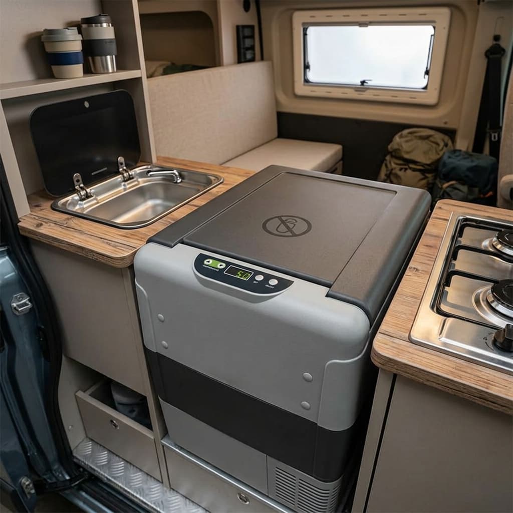 Réfrigérateur à compresseur Indel B TB 419 encastré dans la kitchenette d'un petit van avec son panneau de commande numérique.