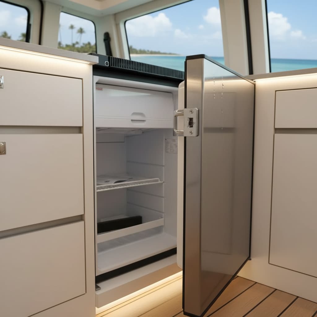 Réfrigérateur Indel B Marine 100 à porte en acier inoxydable brossé et verrou de sécurité robuste installé dans le meuble d'un van de luxe.