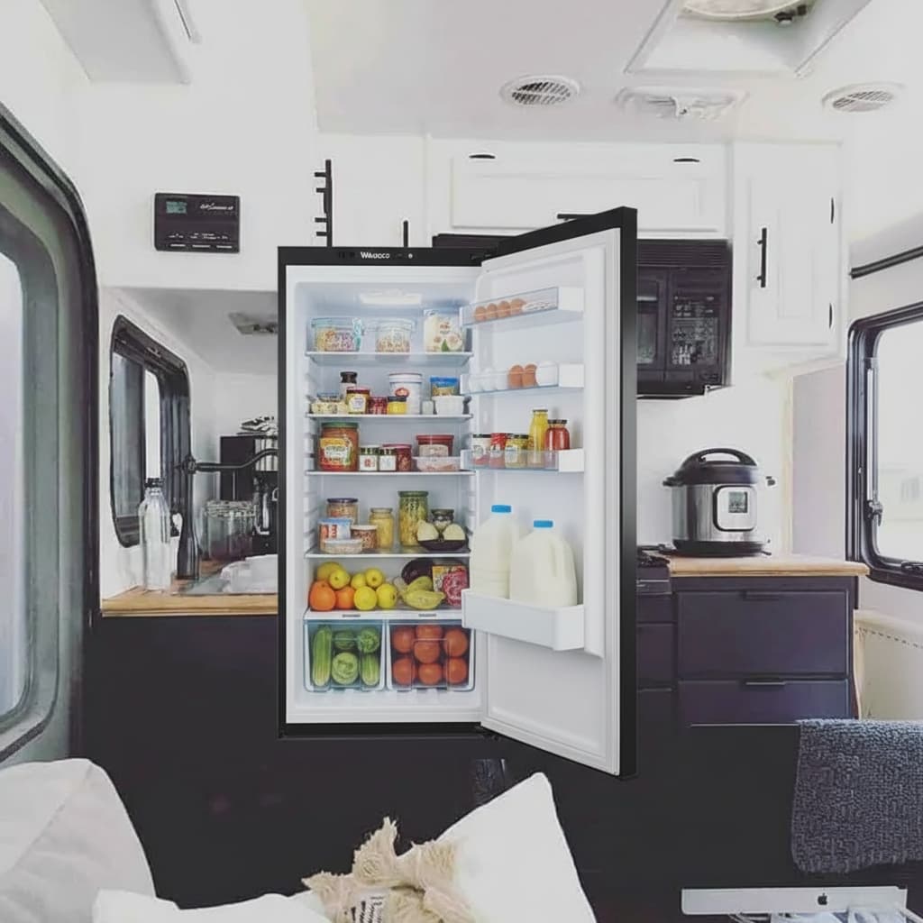Un grand réfrigérateur Waeco de 120 litres ouvert et rempli de nourriture est encastré dans la colonne d'un camping-car familial lumineux.