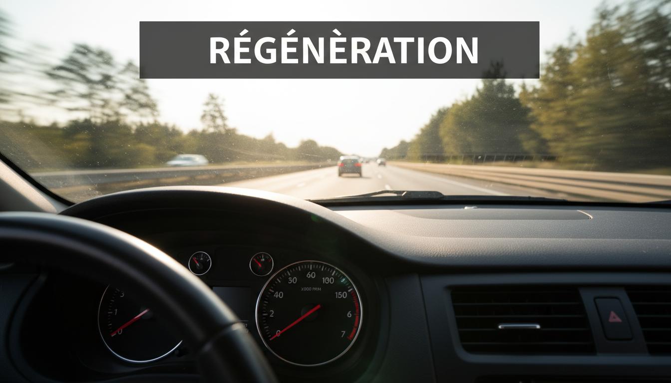 Vue depuis le siège passager d'un compte-tours de voiture stabilisé à 3000 tours par minute sur l'autoroute avec le texte RÉGÉNÉRATION superposé.