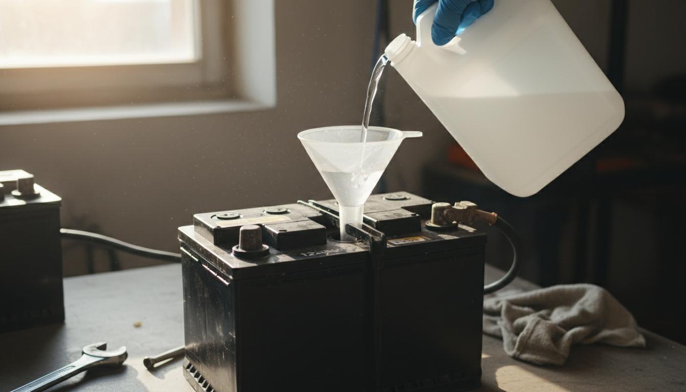 Une main gantée verse de l'eau distillée depuis un bidon blanc dans un entonnoir inséré dans une cellule ouverte d'une batterie de voiture 12V.