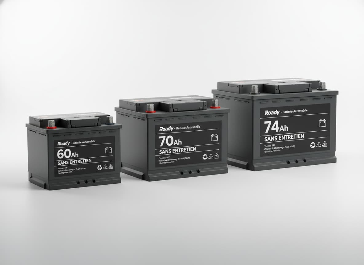 Prise de vue en studio de trois batteries Roady de 60Ah, 70Ah et 74Ah alignées, avec spécifications techniques et étiquettes 'Sans Entretien' visibles.