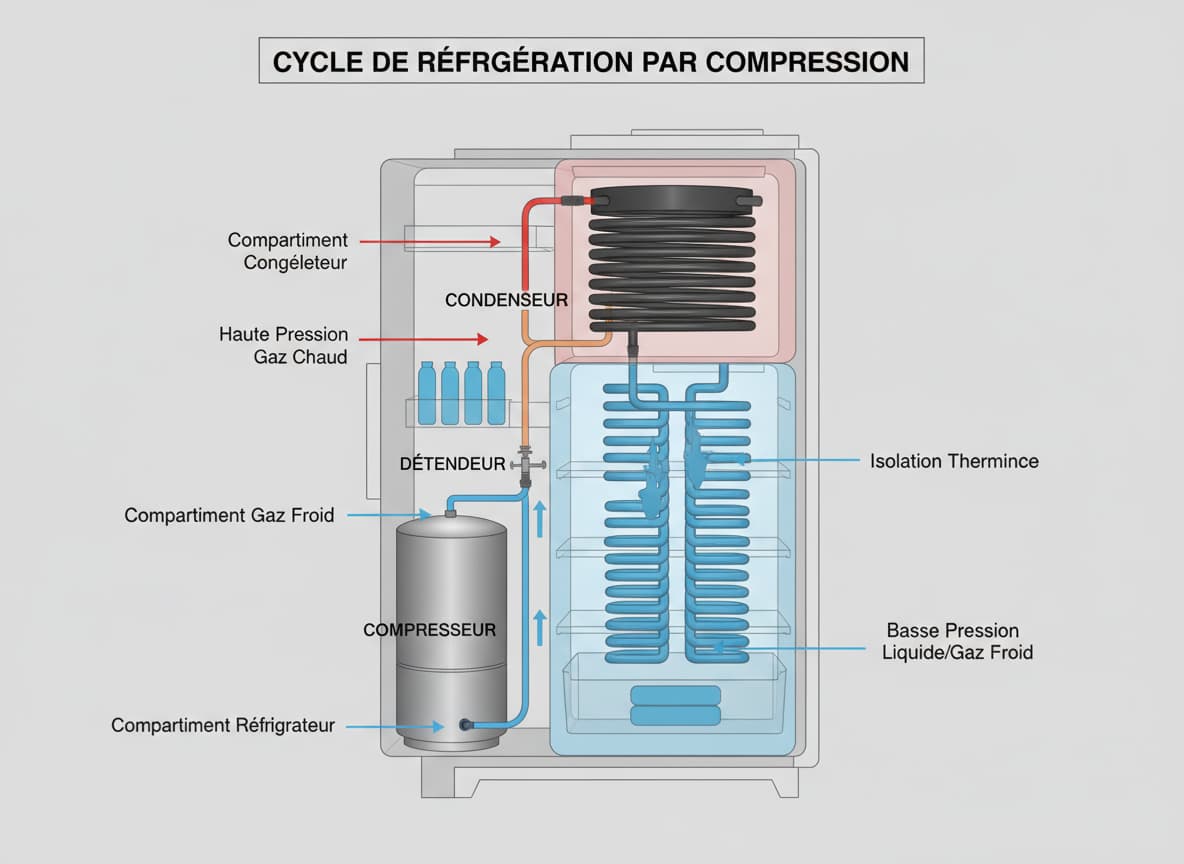 Diagramme 3D pédagogique du cycle de refroidissement d'un réfrigérateur à compresseur avec des flèches bleues et rouges et des annotations en français.