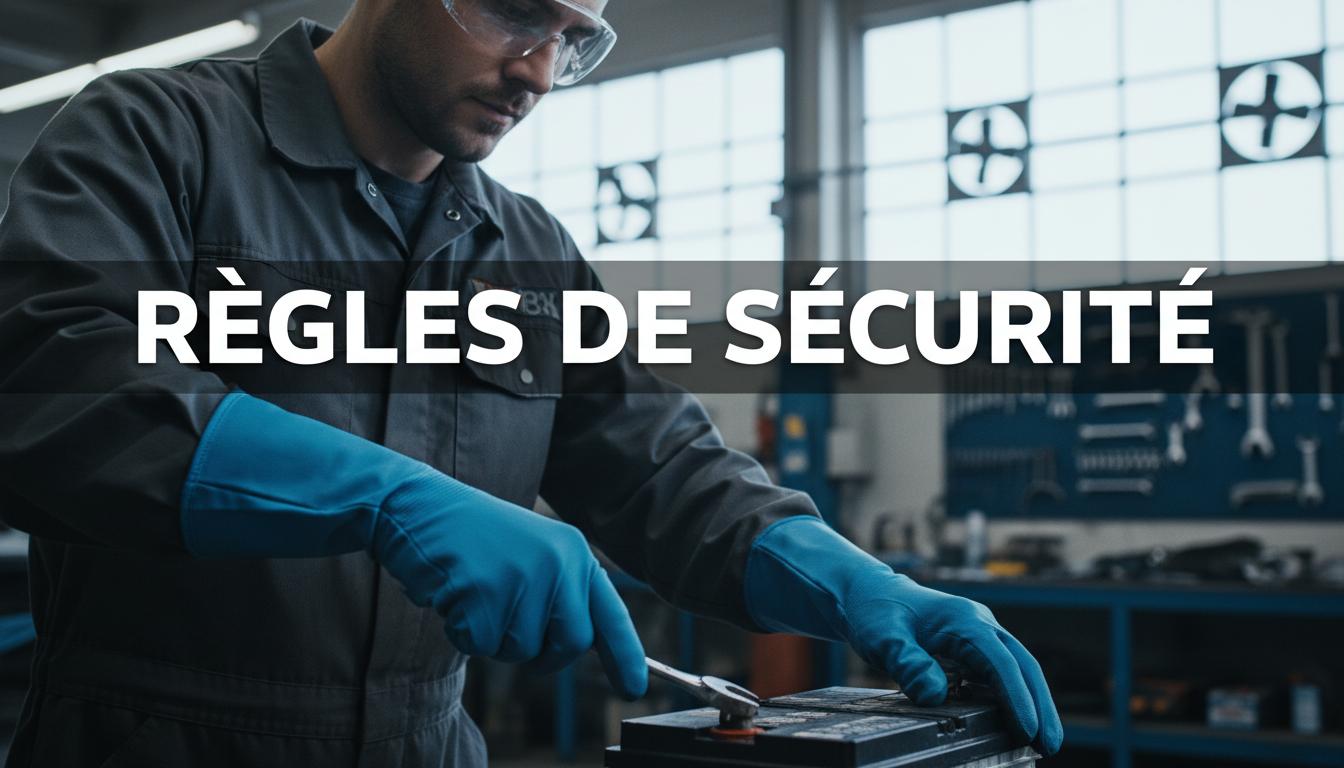 Mécanicien portant gants en nitrile bleus et lunettes de protection manipule batterie de voiture 12V avec texte RÈGLES DE SÉCURITÉ en surimpression.