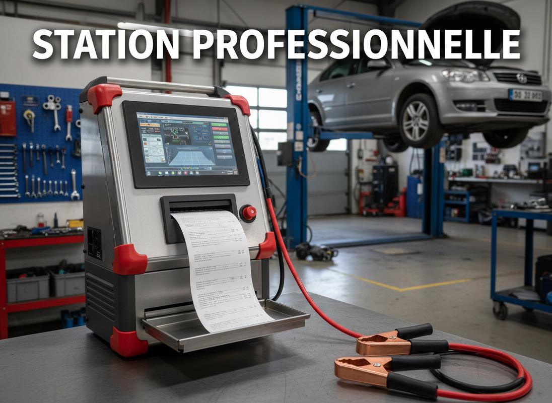 Station de diagnostic batterie professionnelle avec imprimante thermique et pinces cuivre en premier plan dans un atelier mécanique.
